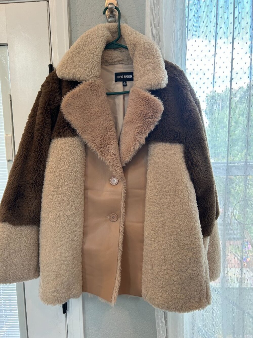Steve Madden Sherpa Teddy Coat Colorblock Faux Fur Jacket Women's Large